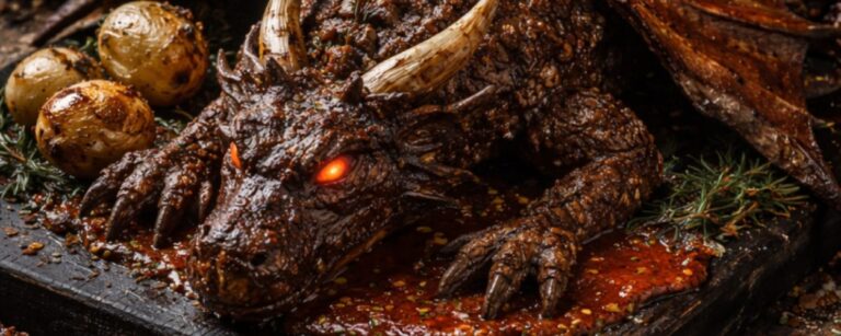 Fotorealistisches Food-Meme im Hochformat: Ein dunkler Drache aus Hackbraten, Speckflügeln, Kräutern, Zwiebelhörnern und glühenden Augen liegt auf einem schwarzen Servierbrett in einer mittelalterlichen Burgküche. Um ihn herum liegen geröstete Kartoffeln, rote Sauce, Rosmarin, Gewürze, Messer und eine kleine Brotburg im Kerzenlicht.