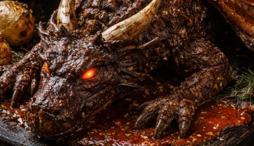 Fotorealistisches Food-Meme im Hochformat: Ein dunkler Drache aus Hackbraten, Speckflügeln, Kräutern, Zwiebelhörnern und glühenden Augen liegt auf einem schwarzen Servierbrett in einer mittelalterlichen Burgküche. Um ihn herum liegen geröstete Kartoffeln, rote Sauce, Rosmarin, Gewürze, Messer und eine kleine Brotburg im Kerzenlicht.