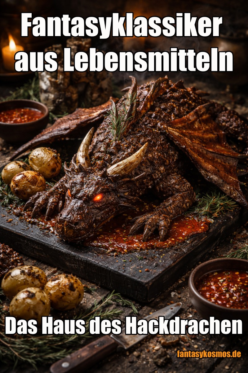 Fotorealistisches Food-Meme im Hochformat: Ein dunkler Drache aus Hackbraten, Speckflügeln, Kräutern, Zwiebelhörnern und glühenden Augen liegt auf einem schwarzen Servierbrett in einer mittelalterlichen Burgküche. Um ihn herum liegen geröstete Kartoffeln, rote Sauce, Rosmarin, Gewürze, Messer und eine kleine Brotburg im Kerzenlicht.