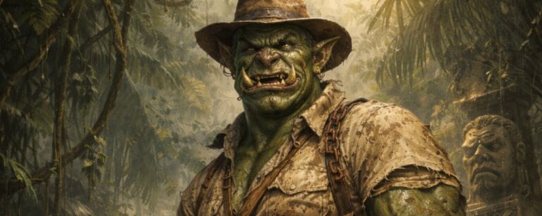 Fantasy-Filmparodie im Hochformat: Ein massiger grüner Ork-Abenteurer mit zerbeultem Lederhut, zerrissener Expeditionskleidung, Kette und Haken stapft durch einen dichten Dschungel vor alten Tempelstufen. Sein breites Grinsen, die Hauer und die schmutzige Ausrüstung machen ihn zur orkischen Gegenfigur eines klassischen Abenteuerhelden.