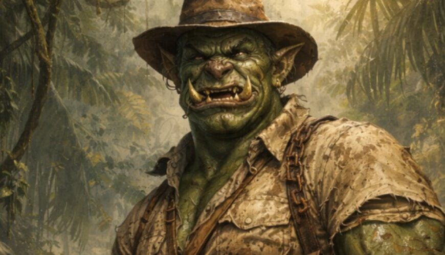 Fantasy-Filmparodie im Hochformat: Ein massiger grüner Ork-Abenteurer mit zerbeultem Lederhut, zerrissener Expeditionskleidung, Kette und Haken stapft durch einen dichten Dschungel vor alten Tempelstufen. Sein breites Grinsen, die Hauer und die schmutzige Ausrüstung machen ihn zur orkischen Gegenfigur eines klassischen Abenteuerhelden.