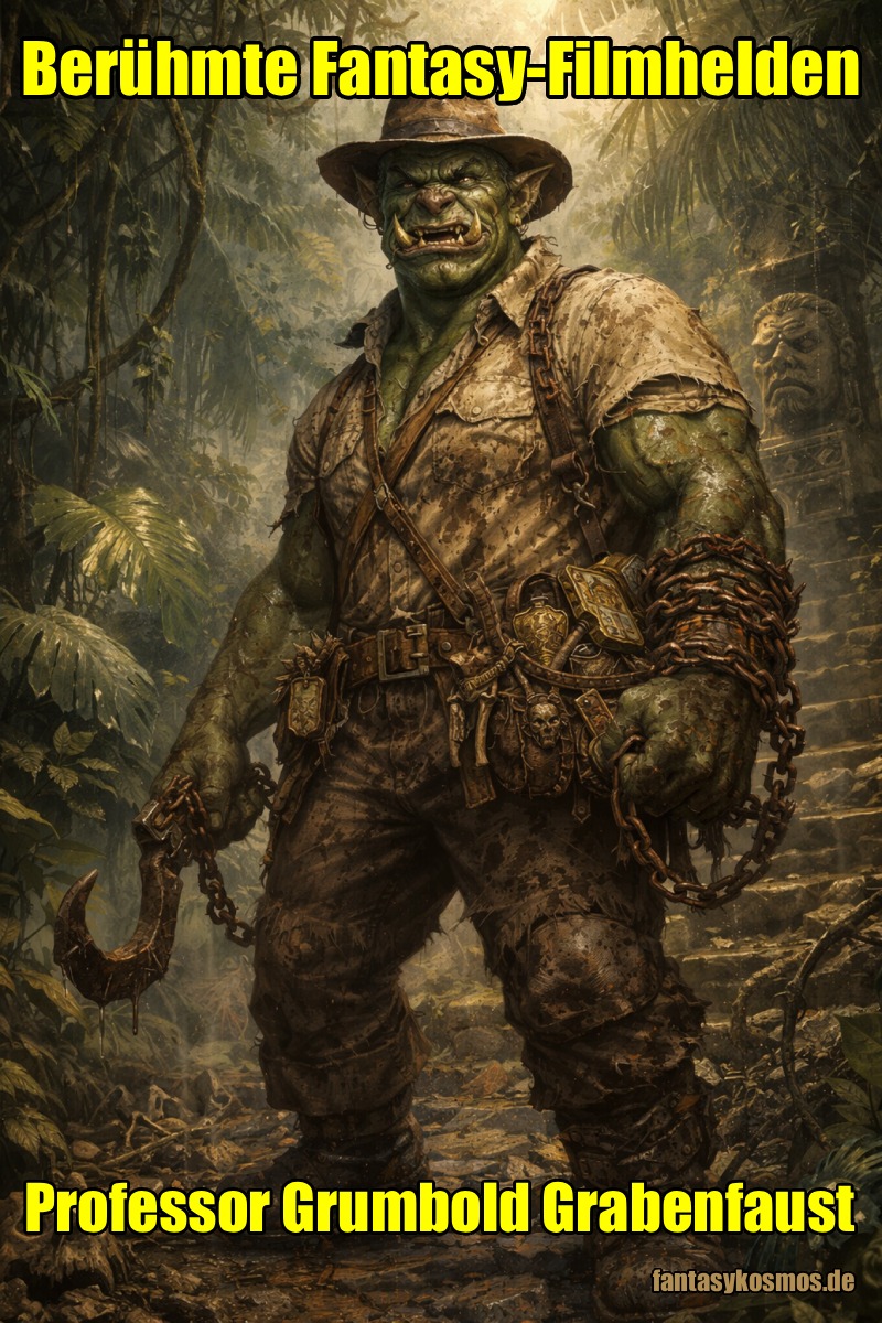 Fantasy-Filmparodie im Hochformat: Ein massiger grüner Ork-Abenteurer mit zerbeultem Lederhut, zerrissener Expeditionskleidung, Kette und Haken stapft durch einen dichten Dschungel vor alten Tempelstufen. Sein breites Grinsen, die Hauer und die schmutzige Ausrüstung machen ihn zur orkischen Gegenfigur eines klassischen Abenteuerhelden.