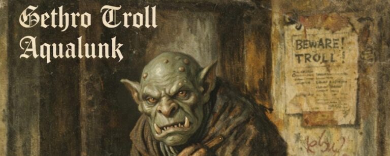 Quadratisches Fantasy-Albumcover im abgenutzten 70er-Painting-Look: Ein nasser, grünlicher Troll kauert in einem dunklen Hauseingang, den Mantel eng um sich gezogen, mit schwerem Blick und dicken Stoßzähnen. Rechts hängen zerfledderte Plakate, darunter ein Warnzettel „BEWARE! TROLL!“. Oben links steht in weißer Gothic-Schrift: „Gethro Troll“ und „Aqualunk“.