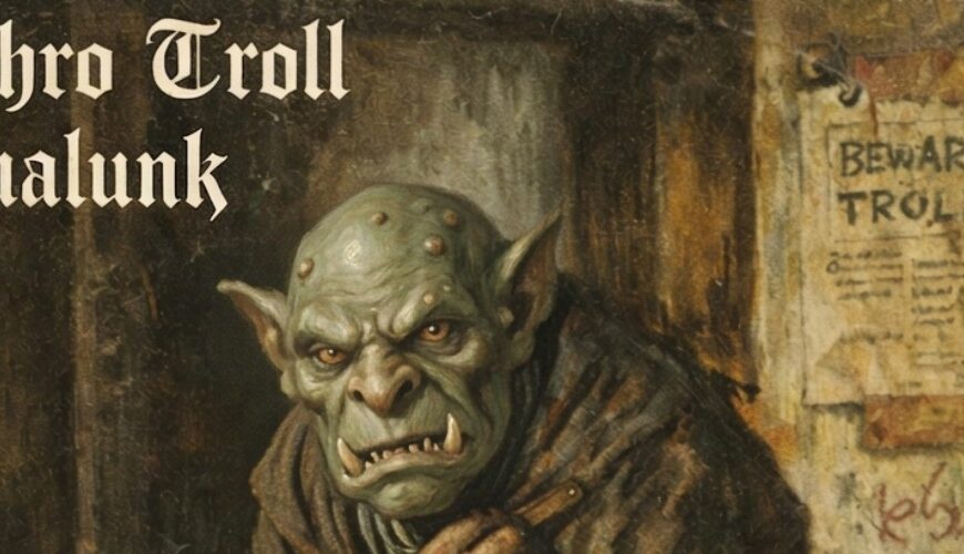 Quadratisches Fantasy-Albumcover im abgenutzten 70er-Painting-Look: Ein nasser, grünlicher Troll kauert in einem dunklen Hauseingang, den Mantel eng um sich gezogen, mit schwerem Blick und dicken Stoßzähnen. Rechts hängen zerfledderte Plakate, darunter ein Warnzettel „BEWARE! TROLL!“. Oben links steht in weißer Gothic-Schrift: „Gethro Troll“ und „Aqualunk“.