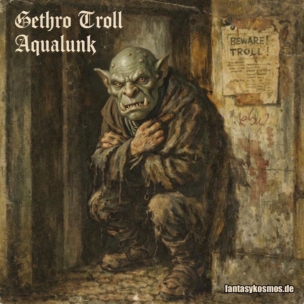 Quadratisches Fantasy-Albumcover im abgenutzten 70er-Painting-Look: Ein nasser, grünlicher Troll kauert in einem dunklen Hauseingang, den Mantel eng um sich gezogen, mit schwerem Blick und dicken Stoßzähnen. Rechts hängen zerfledderte Plakate, darunter ein Warnzettel „BEWARE! TROLL!“. Oben links steht in weißer Gothic-Schrift: „Gethro Troll“ und „Aqualunk“.