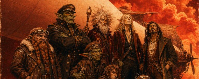 Quadratisches Fantasy-Albumcover im rötlichen Vintage-Rock-Stil: Vor einem gewaltigen Luftschiff posiert eine düstere Fantasy-Band aus Ork-Kapitän, Zwerg, Goblins, Magier und elfischem Frontmann. Im Hintergrund türmen sich blutrote Wolken, das Bild wirkt wie ein abgenutztes 70er-Rockcover. Oben steht in großer Retro-Schrift „Blood Zeppelin“, rechts daneben „II“.
