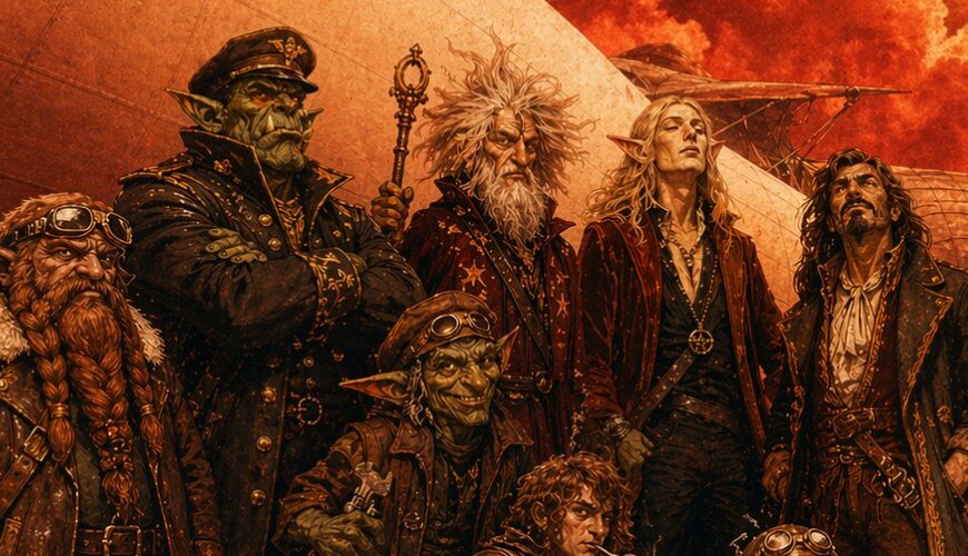 Quadratisches Fantasy-Albumcover im rötlichen Vintage-Rock-Stil: Vor einem gewaltigen Luftschiff posiert eine düstere Fantasy-Band aus Ork-Kapitän, Zwerg, Goblins, Magier und elfischem Frontmann. Im Hintergrund türmen sich blutrote Wolken, das Bild wirkt wie ein abgenutztes 70er-Rockcover. Oben steht in großer Retro-Schrift „Blood Zeppelin“, rechts daneben „II“.