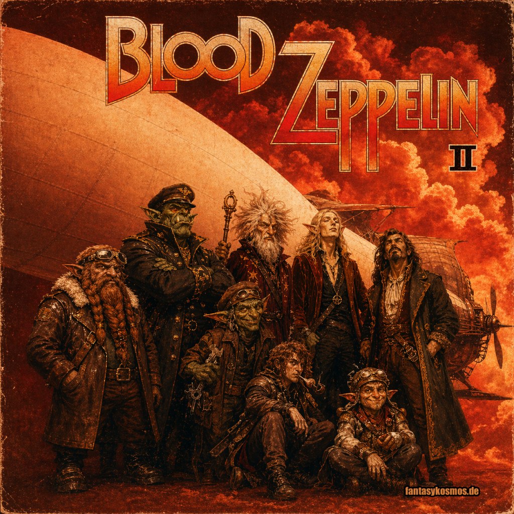 Quadratisches Fantasy-Albumcover im rötlichen Vintage-Rock-Stil: Vor einem gewaltigen Luftschiff posiert eine düstere Fantasy-Band aus Ork-Kapitän, Zwerg, Goblins, Magier und elfischem Frontmann. Im Hintergrund türmen sich blutrote Wolken, das Bild wirkt wie ein abgenutztes 70er-Rockcover. Oben steht in großer Retro-Schrift „Blood Zeppelin“, rechts daneben „II“.