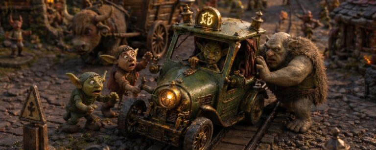 Miniaturhafte Fantasy-Szene im Stop-Motion-Stil: In einem verwinkelten Dorf der Zwischenreiche steckt eine grünlich schimmernde Kobolddroschke mitten auf schmalen Schienen fest. Ein Troll schiebt von hinten, zwei aufgeregte Goblins gestikulieren wild, während der Fahrer mit panischem Blick im Wagen sitzt. Umgeben ist die Szene von schiefen Häusern, warmen Laternen, Kopfsteinpflaster und dunklen Gewitterwolken über einem glutgoldenen Abendhimmel.