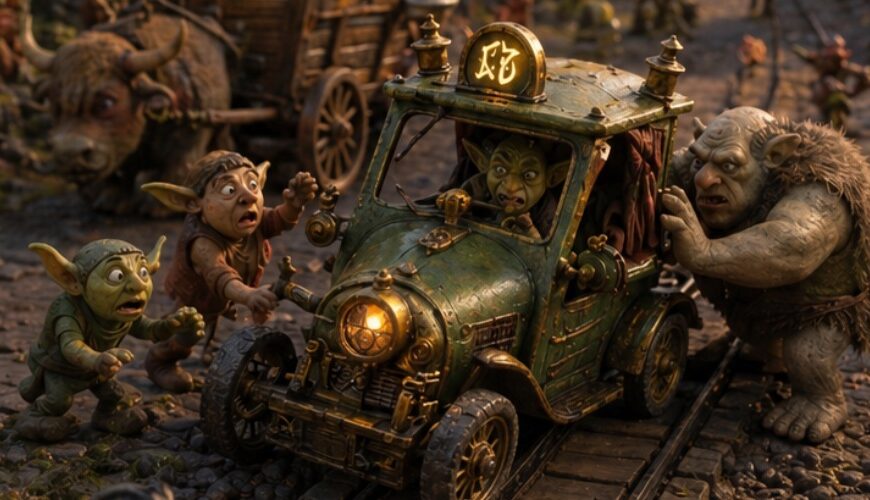 Miniaturhafte Fantasy-Szene im Stop-Motion-Stil: In einem verwinkelten Dorf der Zwischenreiche steckt eine grünlich schimmernde Kobolddroschke mitten auf schmalen Schienen fest. Ein Troll schiebt von hinten, zwei aufgeregte Goblins gestikulieren wild, während der Fahrer mit panischem Blick im Wagen sitzt. Umgeben ist die Szene von schiefen Häusern, warmen Laternen, Kopfsteinpflaster und dunklen Gewitterwolken über einem glutgoldenen Abendhimmel.