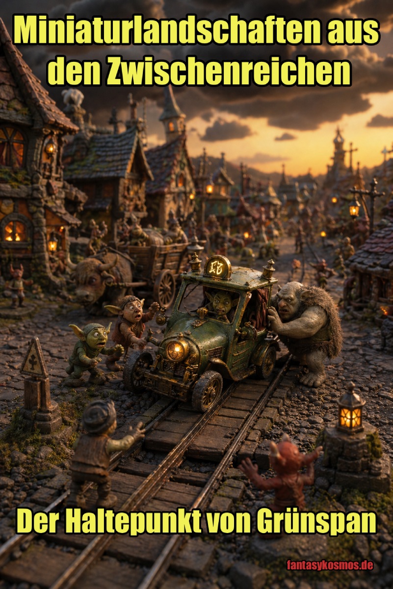 Miniaturhafte Fantasy-Szene im Stop-Motion-Stil: In einem verwinkelten Dorf der Zwischenreiche steckt eine grünlich schimmernde Kobolddroschke mitten auf schmalen Schienen fest. Ein Troll schiebt von hinten, zwei aufgeregte Goblins gestikulieren wild, während der Fahrer mit panischem Blick im Wagen sitzt. Umgeben ist die Szene von schiefen Häusern, warmen Laternen, Kopfsteinpflaster und dunklen Gewitterwolken über einem glutgoldenen Abendhimmel.