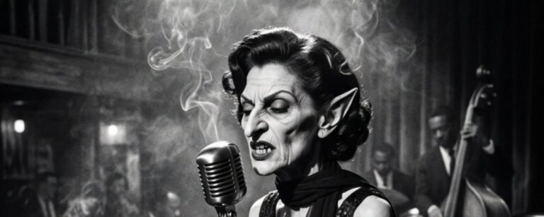 Schwarzweißes Fantasy-Jazzfoto im Hochformat: Eine hagere Goblin-Bluesdiva mit hartem Profil, spitzen Ohren und dunklem Paillettenkleid steht im Scheinwerferlicht eines verrauchten Kellerclubs am alten Mikrofon. Hinter ihr: Kontrabass, Schlagzeug, Schattenpublikum und die feste Gewissheit, dass gleich niemand mehr unbeschadet nach Hause geht.