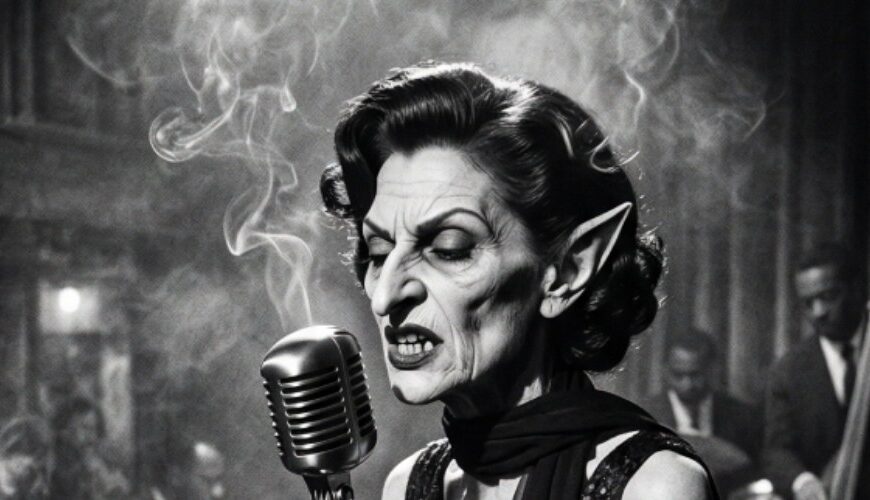 Schwarzweißes Fantasy-Jazzfoto im Hochformat: Eine hagere Goblin-Bluesdiva mit hartem Profil, spitzen Ohren und dunklem Paillettenkleid steht im Scheinwerferlicht eines verrauchten Kellerclubs am alten Mikrofon. Hinter ihr: Kontrabass, Schlagzeug, Schattenpublikum und die feste Gewissheit, dass gleich niemand mehr unbeschadet nach Hause geht.