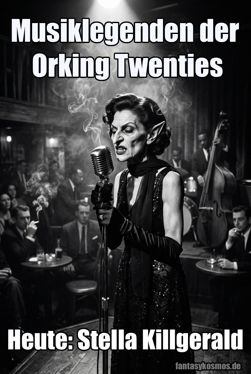 Schwarzweißes Fantasy-Jazzfoto im Hochformat: Eine hagere Goblin-Bluesdiva mit hartem Profil, spitzen Ohren und dunklem Paillettenkleid steht im Scheinwerferlicht eines verrauchten Kellerclubs am alten Mikrofon. Hinter ihr: Kontrabass, Schlagzeug, Schattenpublikum und die feste Gewissheit, dass gleich niemand mehr unbeschadet nach Hause geht. Unten rechts Signatur: fantasykosmos.de.