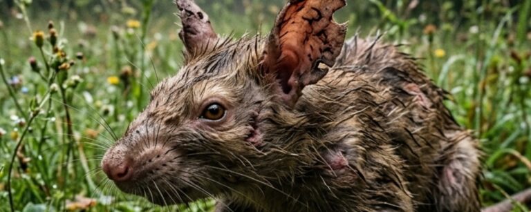 Makroartiges Fantasy-Naturfoto im Hochformat: Ein struppiger, feuchter Runenratz mit zerrissenen Ohren, schmutzigem Fell und misstrauischem Blick hockt im nassen Waldgras zwischen seltsam verzierten Eiern, Moos und kleinen Pilzen. Die Szene wirkt wie ein verstörender Naturfund aus einem verregneten Osterbrauch der Zwischenreiche.