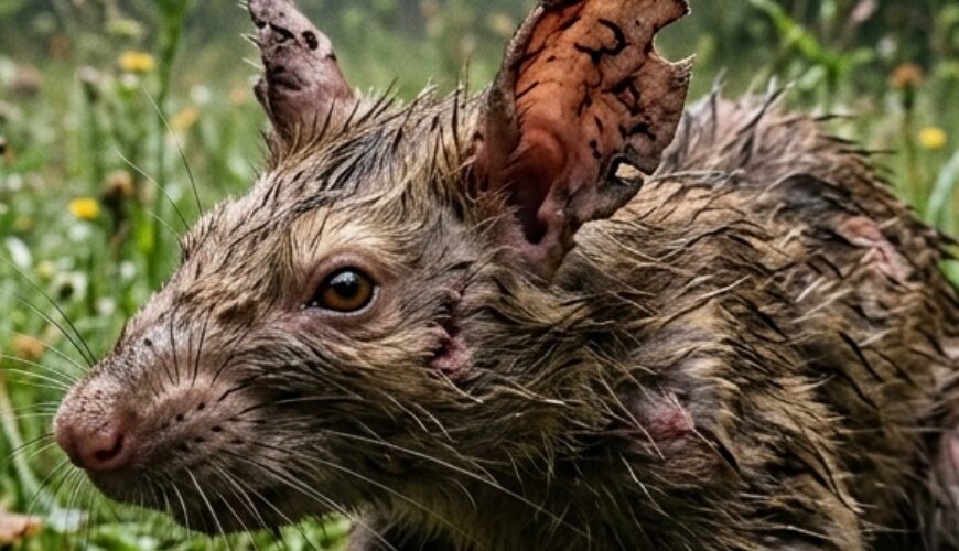 Makroartiges Fantasy-Naturfoto im Hochformat: Ein struppiger, feuchter Runenratz mit zerrissenen Ohren, schmutzigem Fell und misstrauischem Blick hockt im nassen Waldgras zwischen seltsam verzierten Eiern, Moos und kleinen Pilzen. Die Szene wirkt wie ein verstörender Naturfund aus einem verregneten Osterbrauch der Zwischenreiche.