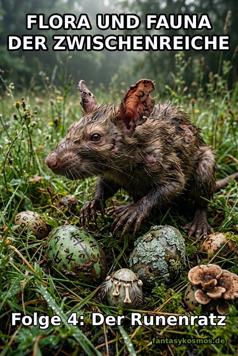 Makroartiges Fantasy-Naturfoto im Hochformat: Ein struppiger, feuchter Runenratz mit zerrissenen Ohren, schmutzigem Fell und misstrauischem Blick hockt im nassen Waldgras zwischen seltsam verzierten Eiern, Moos und kleinen Pilzen. Die Szene wirkt wie ein verstörender Naturfund aus einem verregneten Osterbrauch der Zwischenreiche. Unten rechts Signatur: fantasykosmos.de.