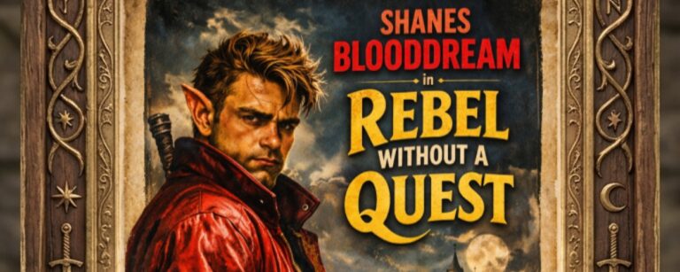 Verwittertes Fantasy-Filmplakat im Stil eines 50er-Jahre-Klassikers: Links steht ein junger, trotzig blickender Elfenrebell mit spitzen Ohren, zerzaustem Haar und roter Lederjacke vor einer düsteren Stadt- und Burgenkulisse im Mondlicht. Rechts prangt der Titel „Rebel Without a Quest“ in großen gelben Lettern, darüber Shanes Blooddream.