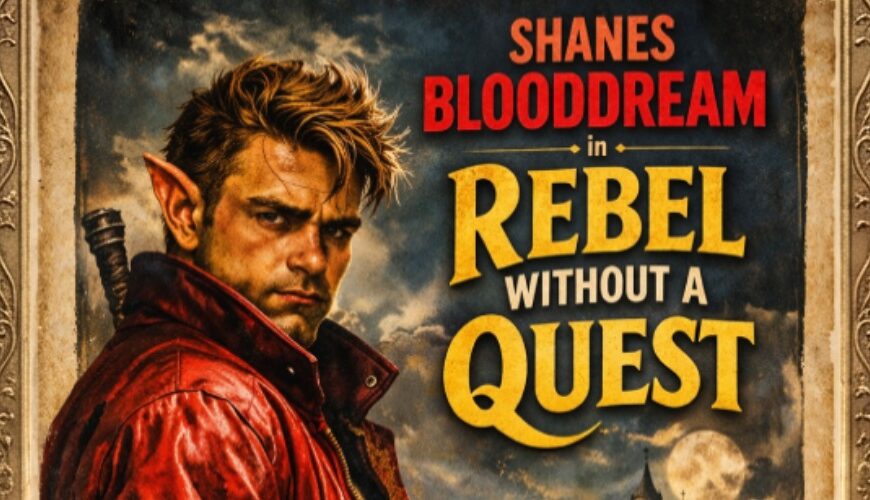 Verwittertes Fantasy-Filmplakat im Stil eines 50er-Jahre-Klassikers: Links steht ein junger, trotzig blickender Elfenrebell mit spitzen Ohren, zerzaustem Haar und roter Lederjacke vor einer düsteren Stadt- und Burgenkulisse im Mondlicht. Rechts prangt der Titel „Rebel Without a Quest“ in großen gelben Lettern, darüber Shanes Blooddream.