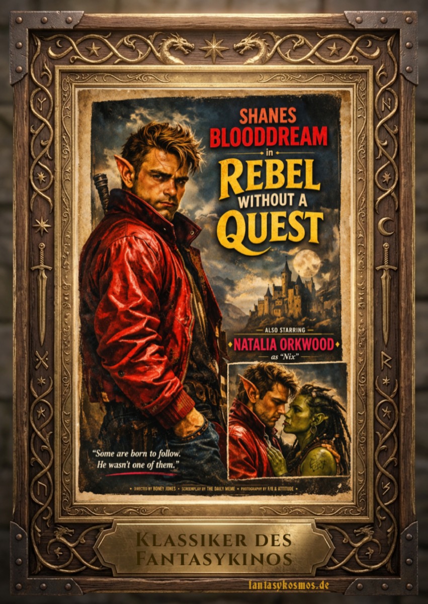 Verwittertes Fantasy-Filmplakat im Stil eines 50er-Jahre-Klassikers: Links steht ein junger, trotzig blickender Elfenrebell mit spitzen Ohren, zerzaustem Haar und roter Lederjacke vor einer düsteren Stadt- und Burgenkulisse im Mondlicht. Rechts prangt der Titel „Rebel Without a Quest“ in großen gelben Lettern, darüber Shanes Blooddream, darunter Natalia Orkwood. Unten rechts zeigt ein kleines Inset den Rebellen in inniger Szene mit einer grünhäutigen jungen Orkin.