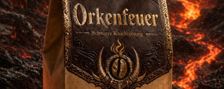 Fantasy-Meme im Stil einer düsteren Produktwerbung: Vor einer glühenden Vulkanlandschaft mit Lavaflüssen, schwarzen Felsen und einer finsteren Festung steht eine edel gestaltete Kaffeepackung mit dem Namen „Orkenfeuer“.