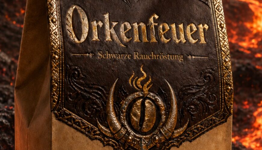 Fantasy-Meme im Stil einer düsteren Produktwerbung: Vor einer glühenden Vulkanlandschaft mit Lavaflüssen, schwarzen Felsen und einer finsteren Festung steht eine edel gestaltete Kaffeepackung mit dem Namen „Orkenfeuer“.