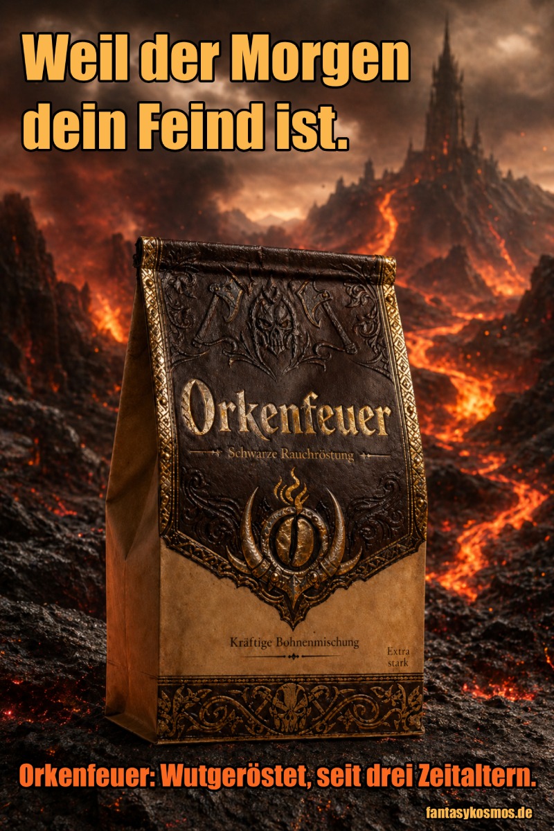 Fantasy-Meme im Stil einer düsteren Produktwerbung: Vor einer glühenden Vulkanlandschaft mit Lavaflüssen, schwarzen Felsen und einer finsteren Festung steht eine edel gestaltete Kaffeepackung mit dem Namen „Orkenfeuer“. Oben steht der Spruch „Weil der Morgen dein Feind ist.“ Unten folgt der Slogan „Orkenfeuer: Wutgeröstet, seit drei Zeitaltern.“ Das Bild verbindet Gourmetkaffee-Ästhetik mit finsterem Fantasy-Humor und orkischer Morgenaggression.