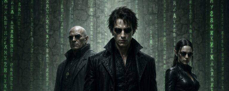 Fantasy-Filmplakat: Vier düstere Gestalten in schwarzen Ledermänteln stehen in einer finsteren, grün leuchtenden Runenwelt. In der Mitte ein blasser, ernst blickender Zauberrebell mit langem Mantel und Klinge, flankiert von einer kämpferischen Frau, einem glatzköpfigen Magier und einem kleinen goblinartigen Gefährten.