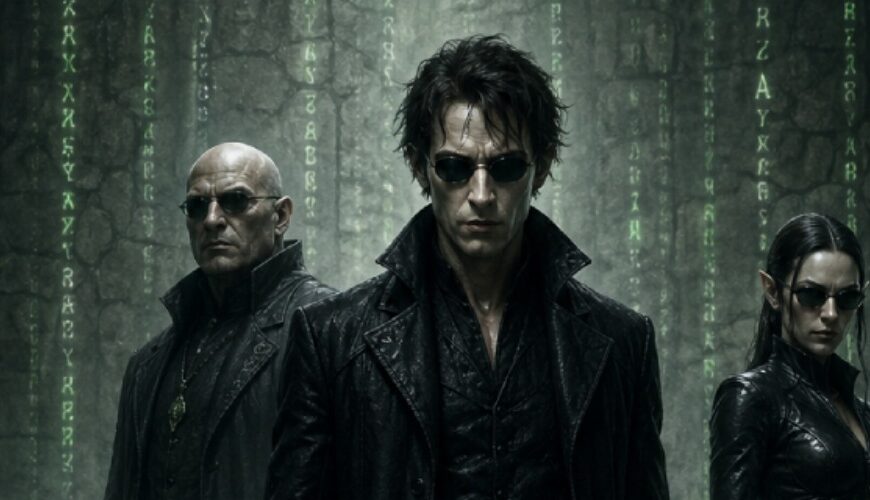 Fantasy-Filmplakat: Vier düstere Gestalten in schwarzen Ledermänteln stehen in einer finsteren, grün leuchtenden Runenwelt. In der Mitte ein blasser, ernst blickender Zauberrebell mit langem Mantel und Klinge, flankiert von einer kämpferischen Frau, einem glatzköpfigen Magier und einem kleinen goblinartigen Gefährten.