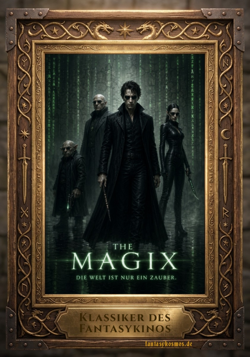 Fantasy-Filmplakat im verzierten Holzrahmen: Vier düstere Gestalten in schwarzen Ledermänteln stehen in einer finsteren, grün leuchtenden Runenwelt. In der Mitte ein blasser, ernst blickender Zauberrebell mit langem Mantel und Klinge, flankiert von einer kämpferischen Frau, einem glatzköpfigen Magier und einem kleinen goblinartigen Gefährten. Unten leuchtet der Titel „The Magix“, darunter der Satz „Die Welt ist nur ein Zauber.“