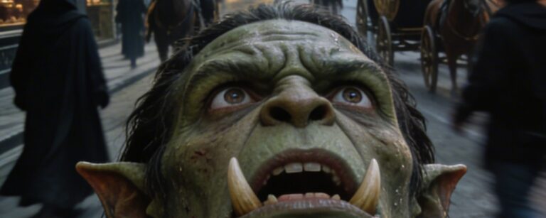 Düsteres Fantasy-Stadtfoto im Hochformat: Ein verängstigter Ork steht im Vordergrund einer engen, finsteren Straßenschlucht und blickt panisch nach oben. Hinter ihm verschwimmen Kutschen, Reiter, verhüllte Gestalten, leuchtende Tavernenschilder und bedrohliche Fassaden zu einer hektischen Nachtkulisse zwischen Großstadt und Alptraum.