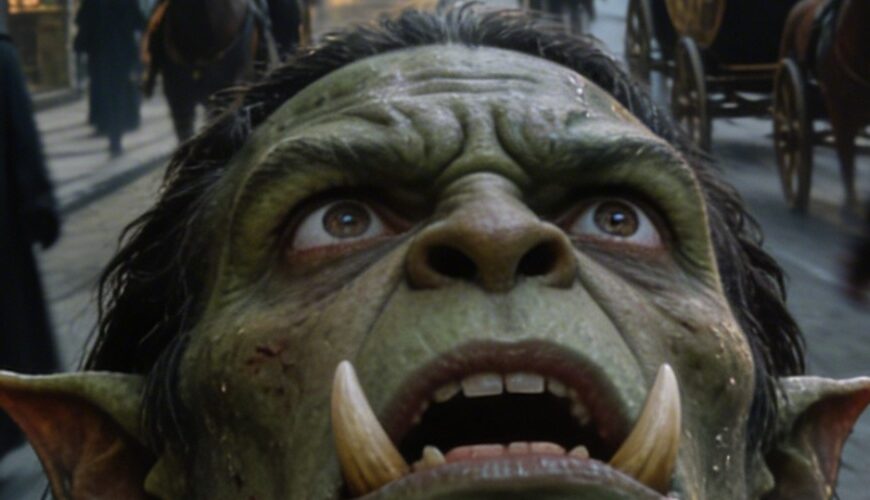 Düsteres Fantasy-Stadtfoto im Hochformat: Ein verängstigter Ork steht im Vordergrund einer engen, finsteren Straßenschlucht und blickt panisch nach oben. Hinter ihm verschwimmen Kutschen, Reiter, verhüllte Gestalten, leuchtende Tavernenschilder und bedrohliche Fassaden zu einer hektischen Nachtkulisse zwischen Großstadt und Alptraum.