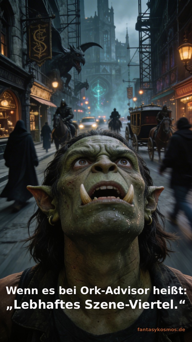 Düsteres Fantasy-Stadtfoto im Hochformat: Ein verängstigter Ork steht im Vordergrund einer engen, finsteren Straßenschlucht und blickt panisch nach oben. Hinter ihm verschwimmen Kutschen, Reiter, verhüllte Gestalten, leuchtende Tavernenschilder und bedrohliche Fassaden zu einer hektischen Nachtkulisse zwischen Großstadt und Alptraum. Unten im Bild steht der Text: „Wenn Ork-Advisor von ‚lebhaftem Szeneviertel‘ spricht.“ Unten rechts Signatur: fantasykosmos.de.
