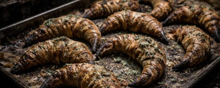 Düsteres Fantasy-Foodfoto im Hochformat: Auf einem verrußten Metallblech liegen mehrere dunkel gebackene, stark angebräunte Goblin-Kipferl mit spitzen, klauenartigen Enden. Die Backstube dahinter ist schmutzig, verfallen und nur von Kerzenlicht erhellt, mit rußigen Wänden, alten Vitrinen und krümeligen Arbeitsflächen. Das Bild wirkt wie ein makaberer Foodblog-Fund aus einer heruntergekommenen Unterstadtbäckerei.