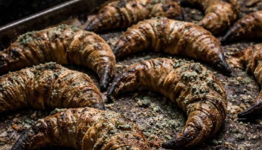 Düsteres Fantasy-Foodfoto im Hochformat: Auf einem verrußten Metallblech liegen mehrere dunkel gebackene, stark angebräunte Goblin-Kipferl mit spitzen, klauenartigen Enden. Die Backstube dahinter ist schmutzig, verfallen und nur von Kerzenlicht erhellt, mit rußigen Wänden, alten Vitrinen und krümeligen Arbeitsflächen. Das Bild wirkt wie ein makaberer Foodblog-Fund aus einer heruntergekommenen Unterstadtbäckerei.