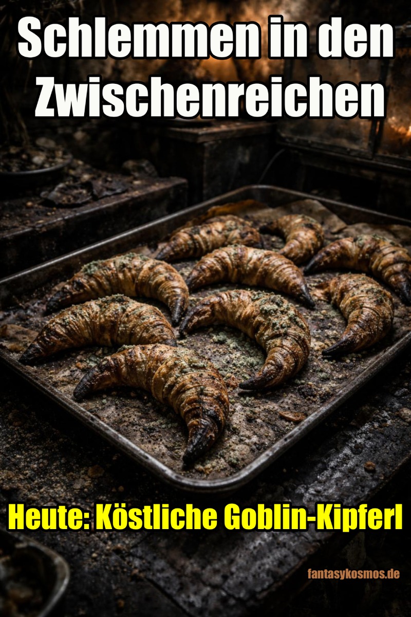 Düsteres Fantasy-Foodfoto im Hochformat: Auf einem verrußten Metallblech liegen mehrere dunkel gebackene, stark angebräunte Goblin-Kipferl mit spitzen, klauenartigen Enden. Die Backstube dahinter ist schmutzig, verfallen und nur von Kerzenlicht erhellt, mit rußigen Wänden, alten Vitrinen und krümeligen Arbeitsflächen. Das Bild wirkt wie ein makaberer Foodblog-Fund aus einer heruntergekommenen Unterstadtbäckerei.