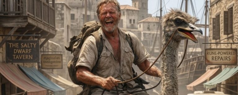 Hochformatiges Fantasy-Straßenfoto mit starkem Reise-Schnappschuss-Charakter: Ein lachender, sonnenverbrannter Abenteurer reitet auf einem riesigen Strauß durch eine staubige Hafenstraße einer tropischen Fantasy-Stadt. Um ihn herum drängen sich Tavernen, Marktbuden, alte Steinbauten, Schiffe im Hintergrund, ein Goblin auf einem Roller, ein Runen-Bus und eine Echsenkarre. Die Szene wirkt wie eine völlig absurde, aber erstaunlich glaubhafte Alltagsbeobachtung aus einer Küstenmetropole der Zwischenreiche.