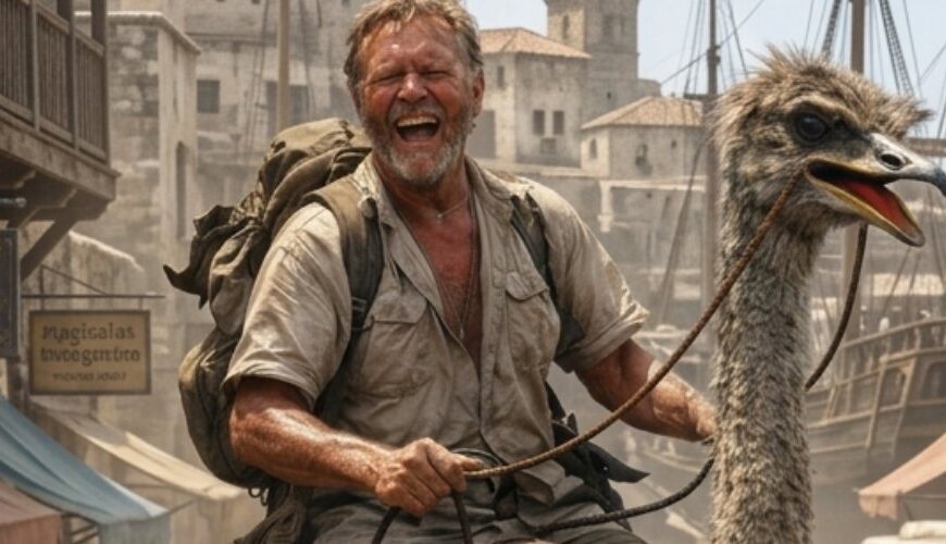 Hochformatiges Fantasy-Straßenfoto mit starkem Reise-Schnappschuss-Charakter: Ein lachender, sonnenverbrannter Abenteurer reitet auf einem riesigen Strauß durch eine staubige Hafenstraße einer tropischen Fantasy-Stadt. Um ihn herum drängen sich Tavernen, Marktbuden, alte Steinbauten, Schiffe im Hintergrund, ein Goblin auf einem Roller, ein Runen-Bus und eine Echsenkarre. Die Szene wirkt wie eine völlig absurde, aber erstaunlich glaubhafte Alltagsbeobachtung aus einer Küstenmetropole der Zwischenreiche.