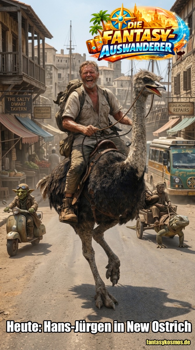 Hochformatiges Fantasy-Straßenfoto mit starkem Reise-Schnappschuss-Charakter: Ein lachender, sonnenverbrannter Abenteurer reitet auf einem riesigen Strauß durch eine staubige Hafenstraße einer tropischen Fantasy-Stadt. Um ihn herum drängen sich Tavernen, Marktbuden, alte Steinbauten, Schiffe im Hintergrund, ein Goblin auf einem Roller, ein Runen-Bus und eine Echsenkarre. Die Szene wirkt wie eine völlig absurde, aber erstaunlich glaubhafte Alltagsbeobachtung aus einer Küstenmetropole der Zwischenreiche.