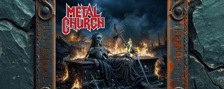 Albumcover Dead To Rights von Metal Church: dunkle thronende Gestalt mit Schwert vor brennender apokalyptischer Ruinenlandschaft.
