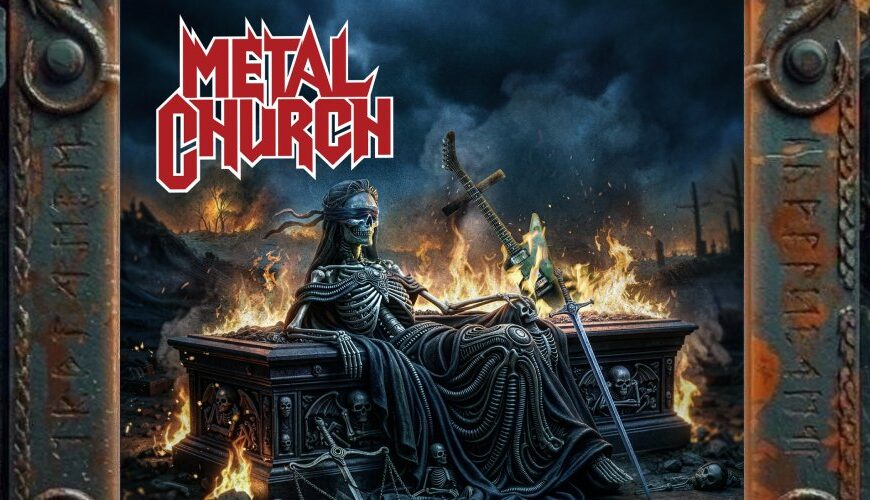 Albumcover Dead To Rights von Metal Church: dunkle thronende Gestalt mit Schwert vor brennender apokalyptischer Ruinenlandschaft.