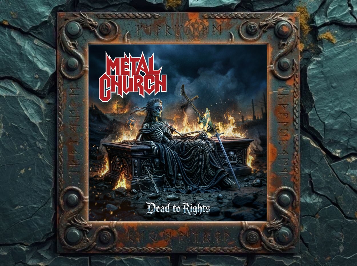 Albumcover Dead To Rights von Metal Church: dunkle thronende Gestalt mit Schwert vor brennender apokalyptischer Ruinenlandschaft.
