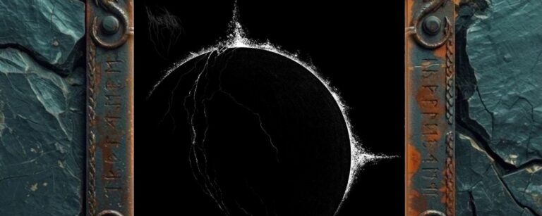 Albumcover Muerto – Eclipsed Realms: schwarzer Hintergrund, zentral ein dunkler planetenartiger Kreis mit weiß leuchtendem, ausfransendem Rand und feinen rissartigen Linien, minimalistisch und frostig.