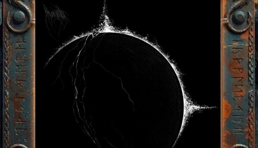 Albumcover Muerto – Eclipsed Realms: schwarzer Hintergrund, zentral ein dunkler planetenartiger Kreis mit weiß leuchtendem, ausfransendem Rand und feinen rissartigen Linien, minimalistisch und frostig.