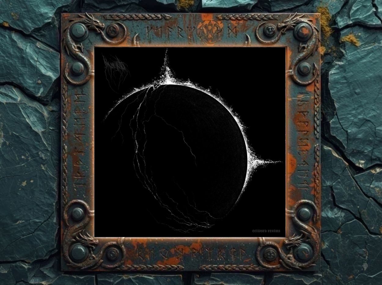 Albumcover Muerto – Eclipsed Realms: schwarzer Hintergrund, zentral ein dunkler planetenartiger Kreis mit weiß leuchtendem, ausfransendem Rand und feinen rissartigen Linien, minimalistisch und frostig.