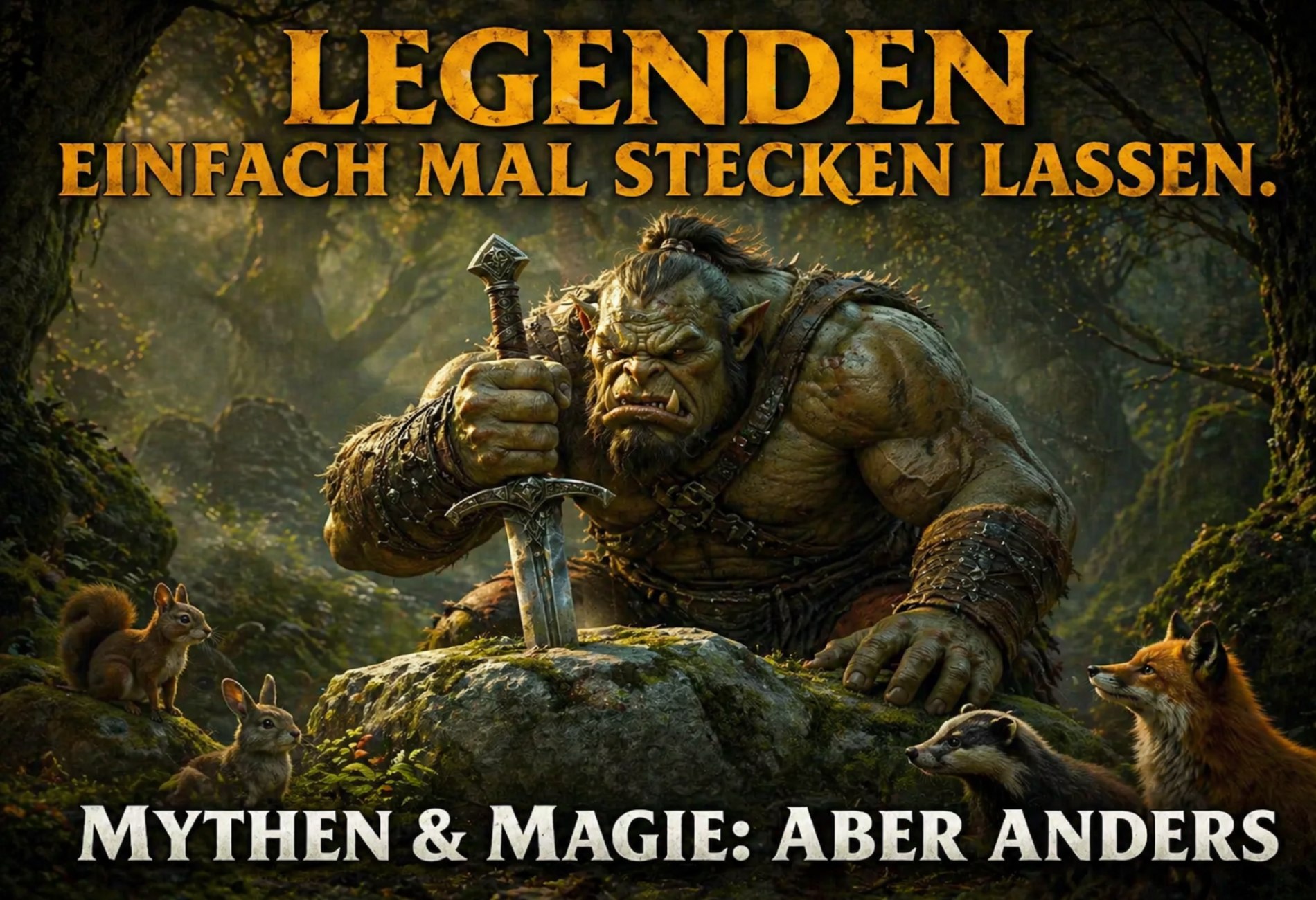 Ein grimmiger Oger versucht, ein Schwert aus einem Stein zu ziehen, während kleine Waldtiere neugierig und furchtlos zuschauen.