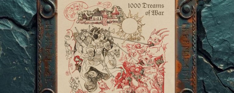 Albumcover von Oldowan Gash – 1000 Dreams of War: Mittelalterlich anmutende Zeichnung auf vergilbtem Pergamentgrund mit Rittern, Burg, Sonne und grotesken Dämonenwesen. Schwarze und rote Linien zeigen links eine geordnete Schlachtszene, während rechts Monster, Fratzen, Drachen und wirbelnde Formen wie ein Albtraum aus Blut und Tinte über das Bild wuchern.