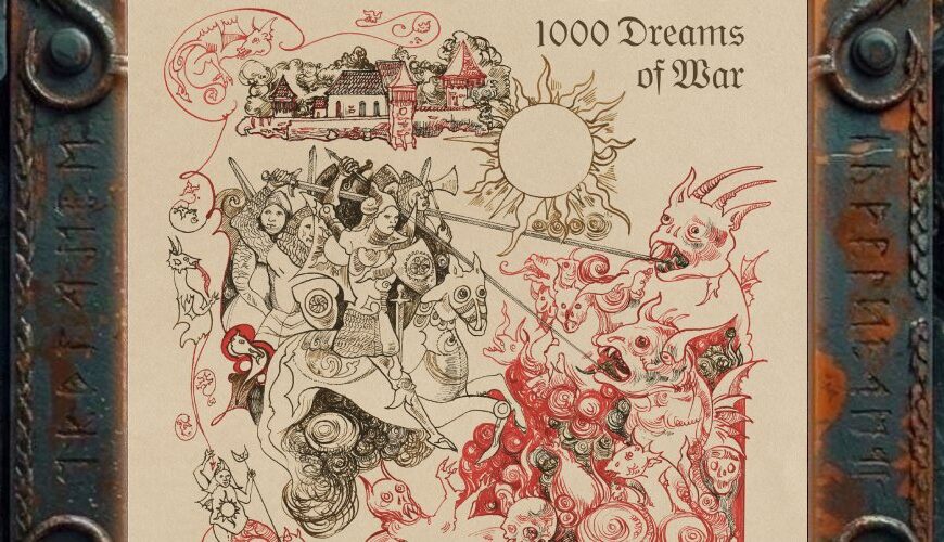 Albumcover von Oldowan Gash – 1000 Dreams of War: Mittelalterlich anmutende Zeichnung auf vergilbtem Pergamentgrund mit Rittern, Burg, Sonne und grotesken Dämonenwesen. Schwarze und rote Linien zeigen links eine geordnete Schlachtszene, während rechts Monster, Fratzen, Drachen und wirbelnde Formen wie ein Albtraum aus Blut und Tinte über das Bild wuchern.