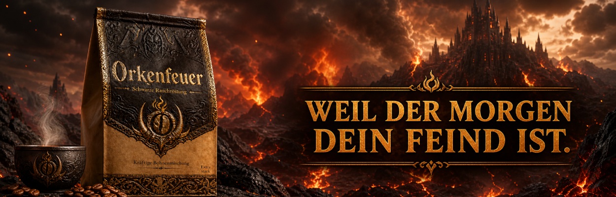 Orkenfeuer Kaffemischung aus Mordor als Bannerwerbung vor dem Schicksalsberg. 