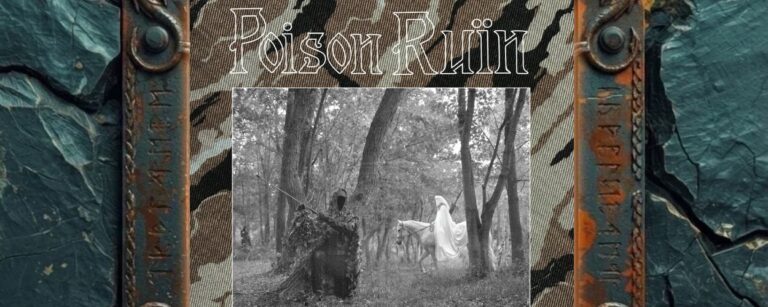 Albumcover von Poison Ruïn – Hymns From The Hills: düstere, verwitterte Hügelwelt mit mittelalterlich anmutender Symbolik und unheilvoller Atmosphäre.